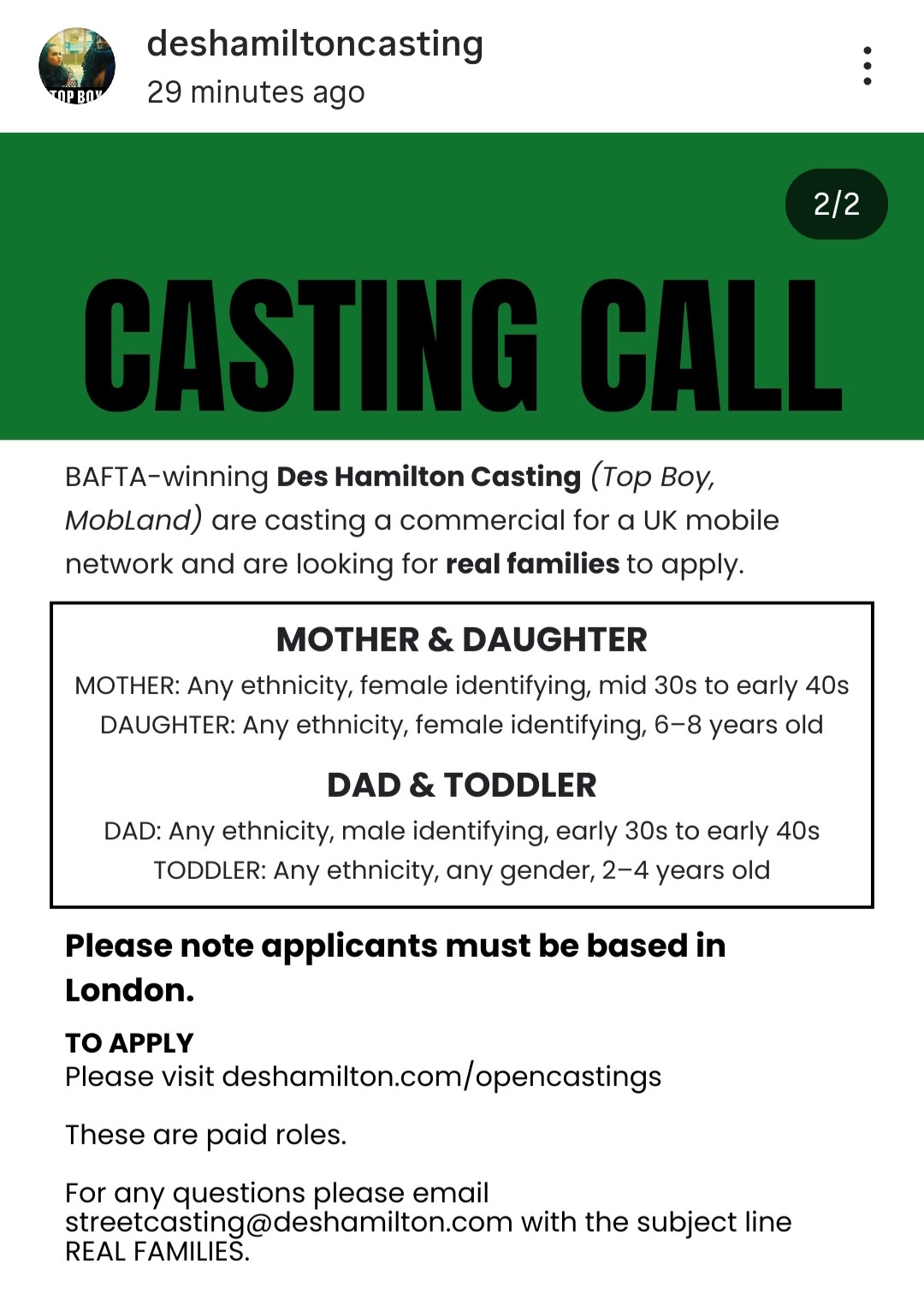 Open Casting From Des Hamilton Casting